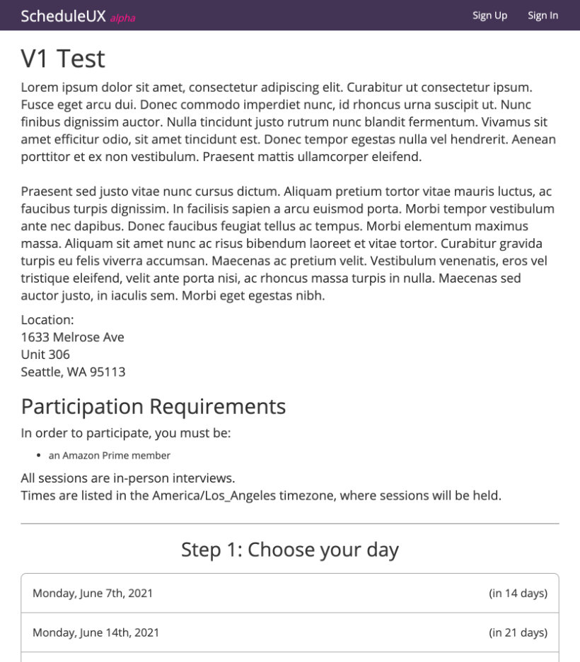 The prototype registration page